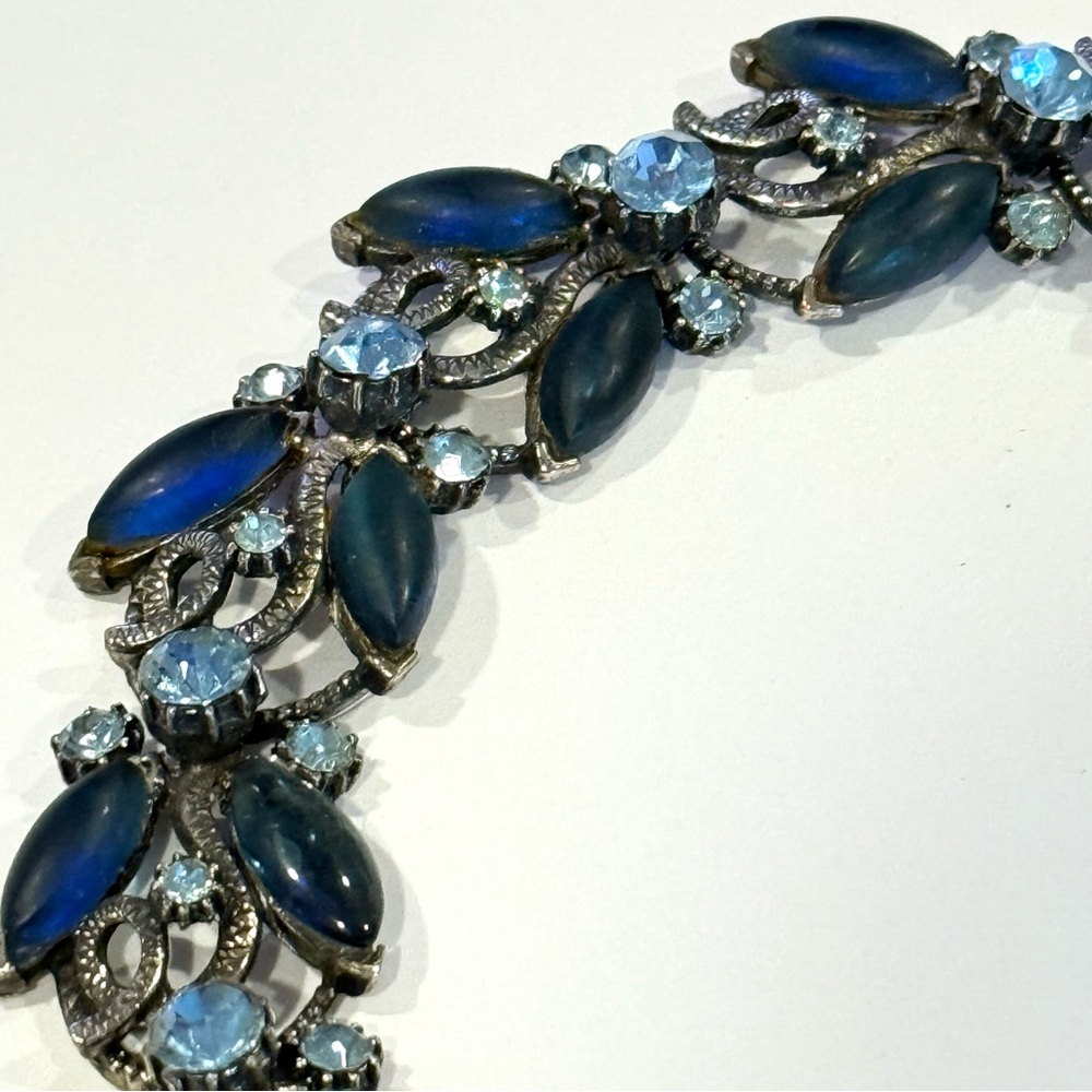 Vintage Florenza Blue Rhinestone Navette Marquise Bracelet Silver Tone Statement - Picture 14 of 16